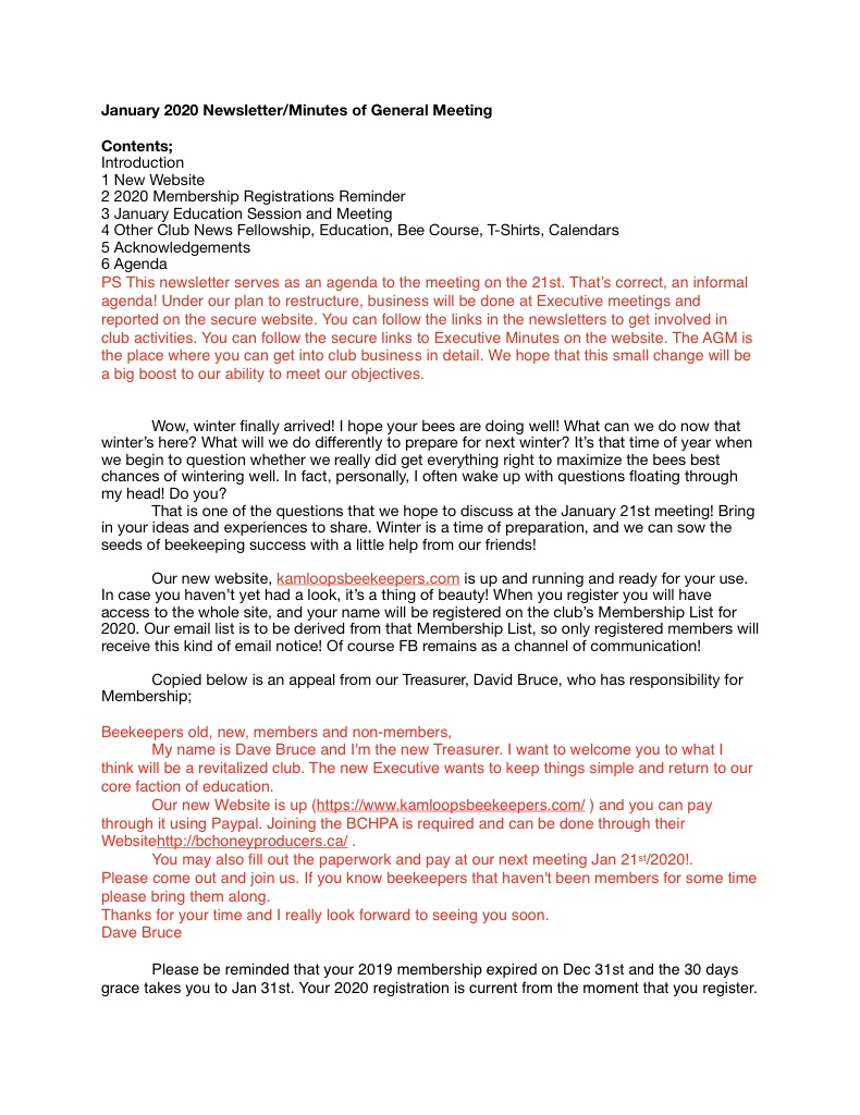 Jan 2020 Meeting Minutes Kamloops Beekeepers